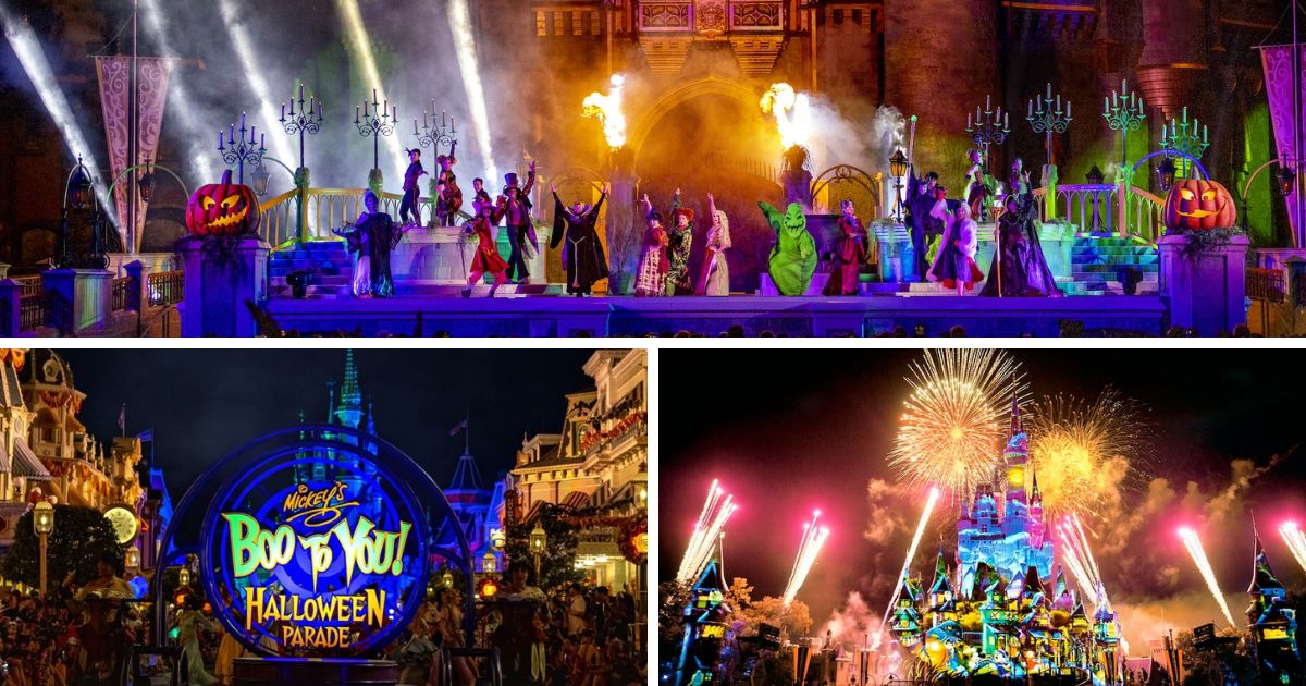 Mickey's Boo-to-You Halloween Parade featuring floats, fireworks, and characters down Main Street U.S.A.