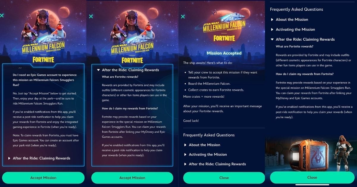 Screenshot of the My Disney Experience app showing the new Ride and Earn Rewards section with the Fortnite button