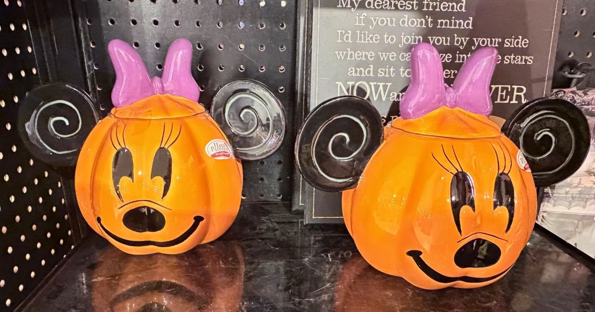 Minnie Mouse pumpkin ceramic cookie jars displayed on retail shelving