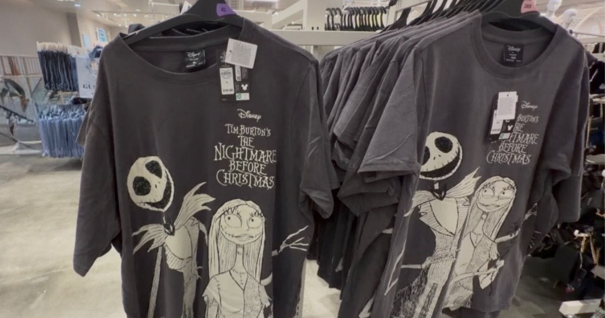 Inside the New Primark at Orlando Vineland Premium Outlets: Discount Disney Merchandise Guide 6 A Jack and Sally t-shirt from The Nightmare Before Christmas hanging on display at Primark Orlando.