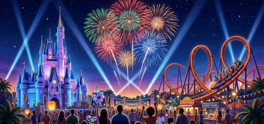 Vibrant fireworks over illuminated theme park castles and roller coasters representing Orlando seasonal events and festivals