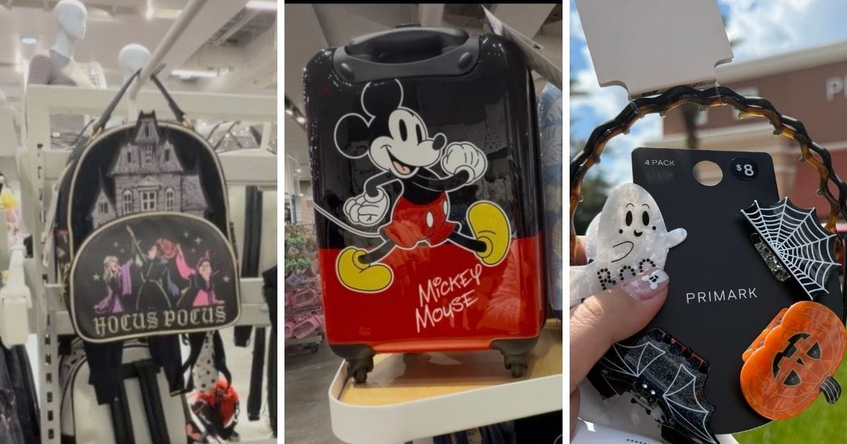 Inside the New Primark at Orlando Vineland Premium Outlets: Discount Disney Merchandise Guide 7 Disney Halloween accessories and spooky season luggage on a display shelf inside the Orlando Vineland Primark.