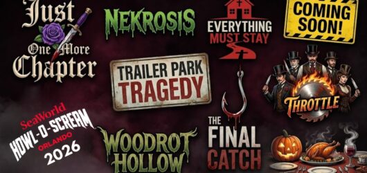 A collage of attraction logos for SeaWorld Orlando Howl-O-Scream 2026, featuring Just One More Chapter, Nekrosis, Everything Must Stay, Trailer Park Tragedy, Woodrot Hollow, The Final Catch, and Throttle, arranged on a dark, smoky red background.