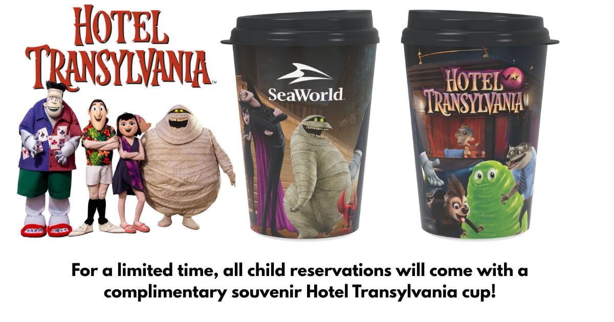 SeaWorld Orlando Halloween Spooktacular 2026 Adds Hotel Transylvania Monster Breakfast 5 Souvenir Hotel Transylvania collectible cup given with child breakfast reservations.