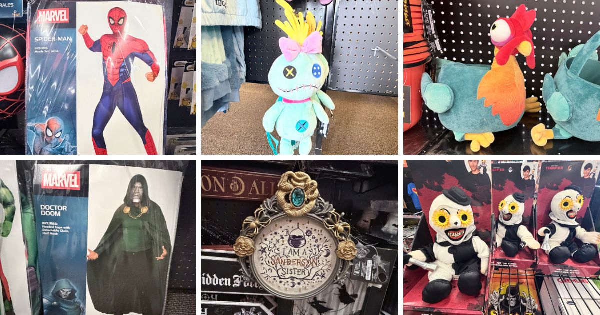 Marvel superhero costumes and Hocus Pocus merchandise displays inside Spirit Halloween