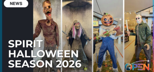 OPEN News banner for Spirit Halloween Season 2026 featuring four life-size animatronic monsters