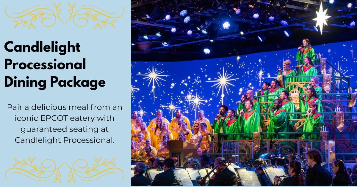 Informational graphic detailing the Candlelight Processional Dining Package at EPCOT.