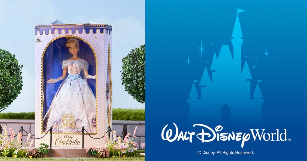 Limited edition Walt Disney World 55th Anniversary Cinderella doll in a window box on a garden set, next to a blue Walt Disney World castle logo graphic