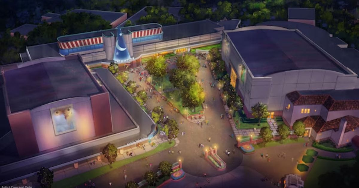 Elevated night concept rendering of the reimagined Animation Courtyard featuring tree-lined paths leading to the Sorcerer Hat building