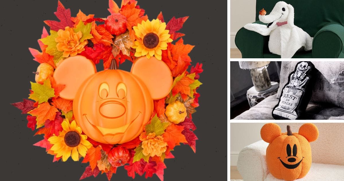 Disney Halloween throw pillows featuring Marvel Zombies, Zero from The Nightmare Before Christmas, a Mickey pumpkin, and a Skeleton Dance tombstone