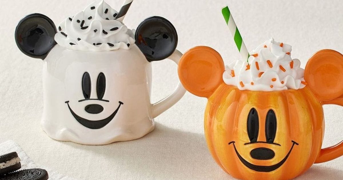 Pottery Barn Kids Disney Mickey Mouse Halloween kids mugs showing ghost Mickey and pumpkin Mickey designs