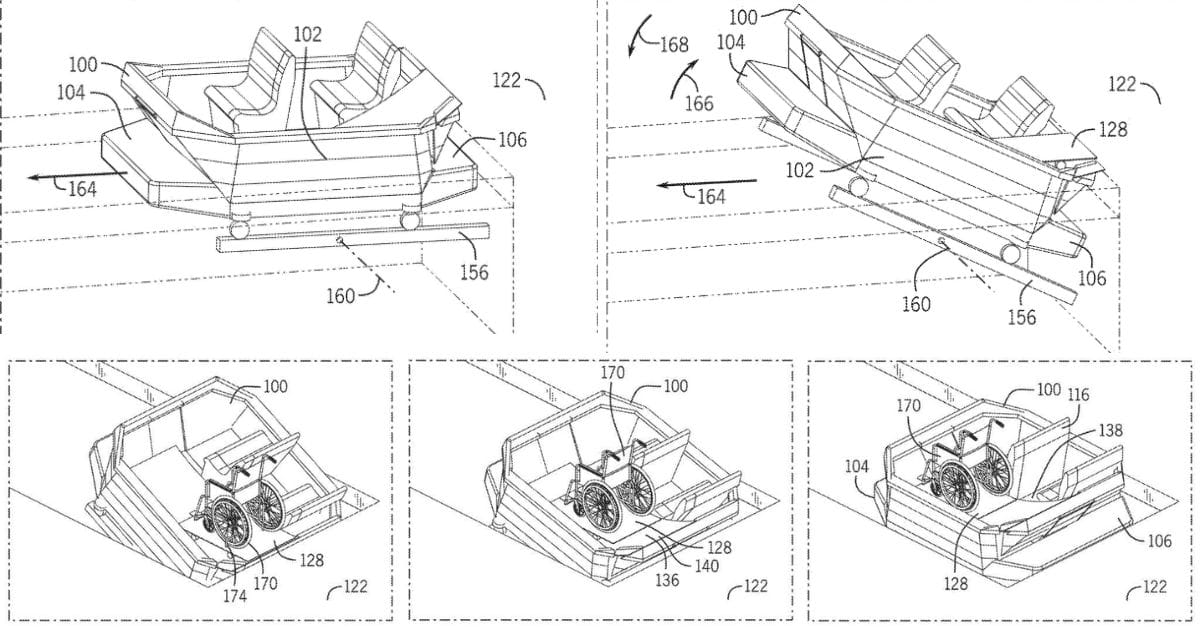 Patent illustration of the Rider Inclusive Transport Aide load rail and curved track system beneath a ride vehicle hull