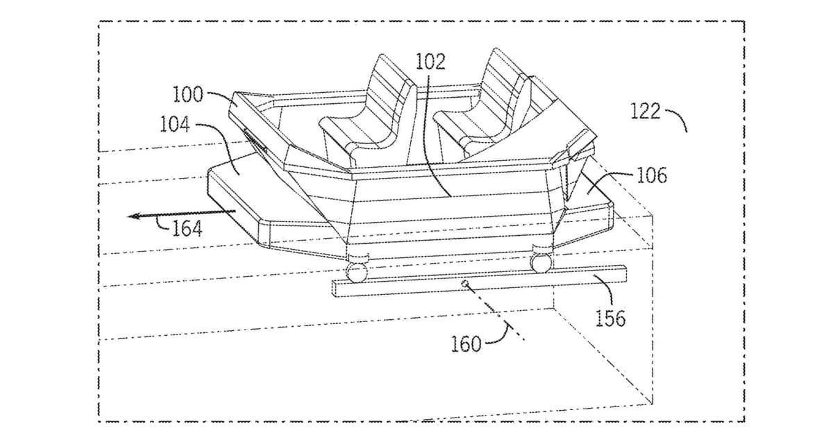 Diagram from Disney's Rider Inclusive Transport Aide patent showing a boat ride vehicle tilted toward platform height for wheelchair loading