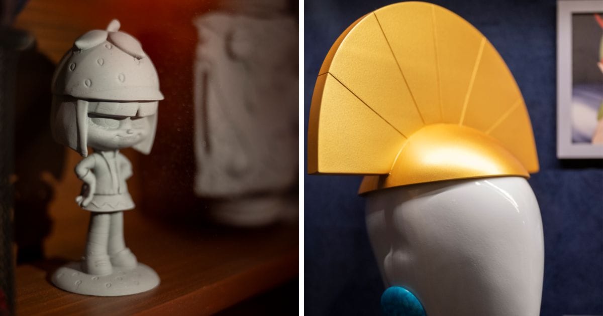 Split view showing an unpainted animation maquette of Vanellope von Schweetz beside Emperor Kuzco's golden crown headpiece