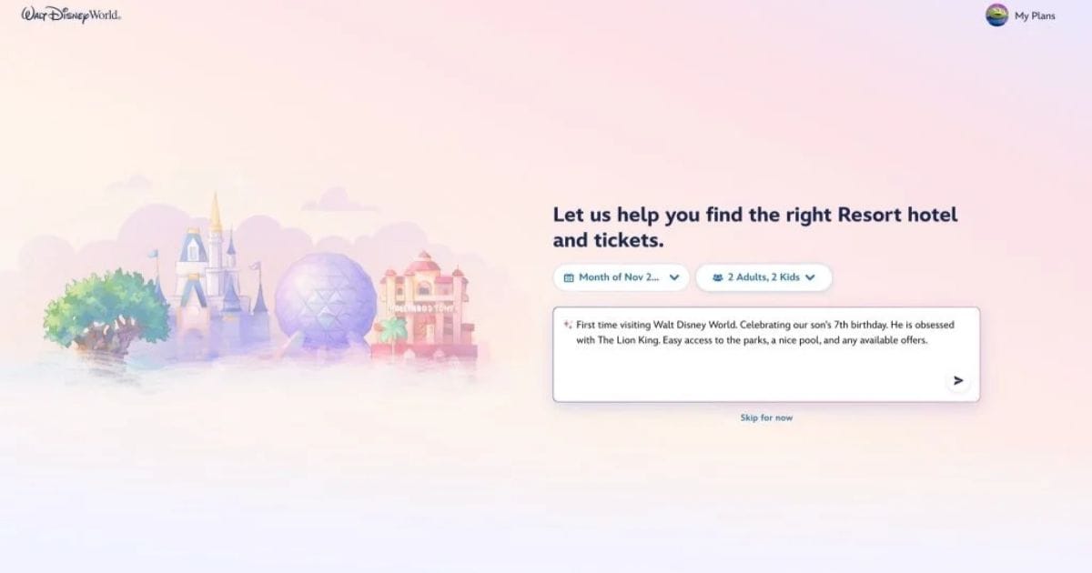 Graphic representing Disney's new AI-guided vacation planning booking tool for Walt Disney World