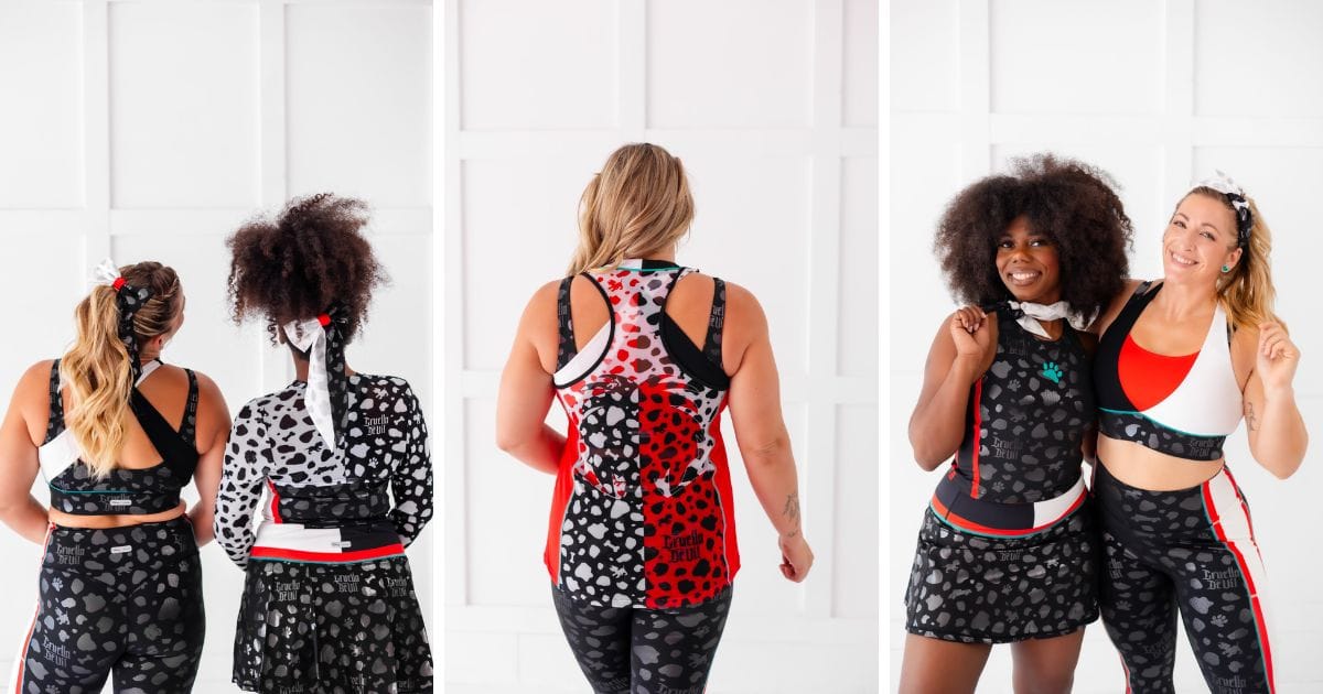 Disney Villain Cruella de Vil athletic wear from Crowned Athletics in black, white, and red with Dalmatian spot print
