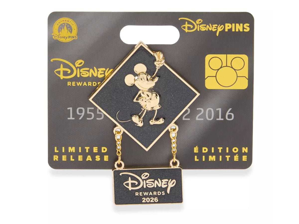 Two 2026 Disney Visa Cardmember Exclusive Mickey Mouse dangler pins featuring a gold Mickey on a black diamond background.