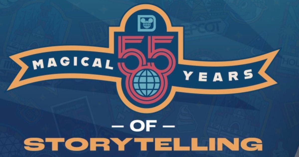 Walt Disney World 55 Magical Years of Storytelling logo with a red 55 and a globe in a Mickey Mouse head shape on a navy and orange banner