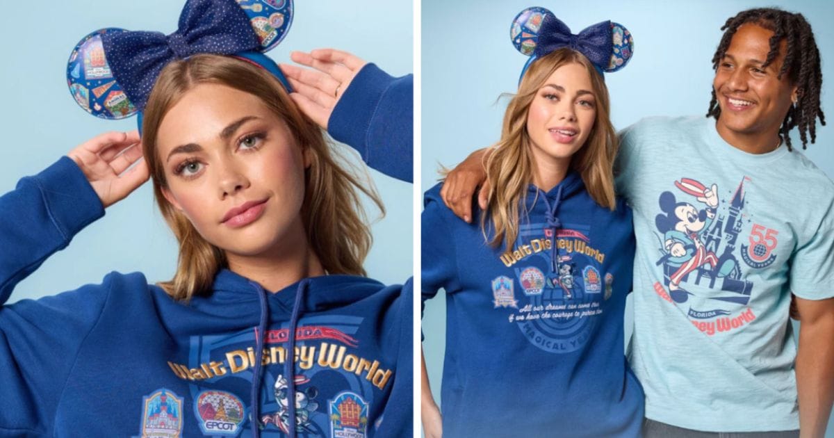 Models wearing the Walt Disney World 55th anniversary royal blue hoodie, a light blue Mickey Mouse T-shirt, and Minnie ears with a navy sparkle bow
