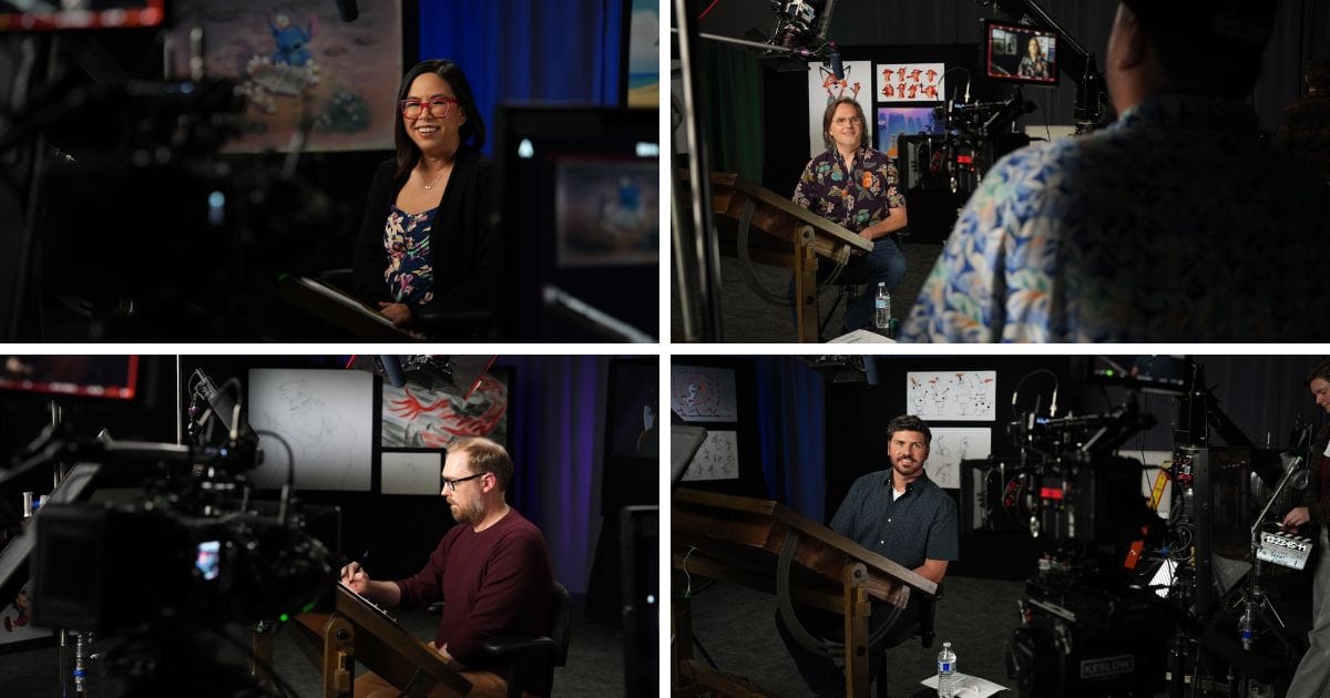Studio filming setup featuring Disney Animation artists Fawn Veerasunthorn, Byron Howard, Trent Correy, and Michael Woodside at artist light tables