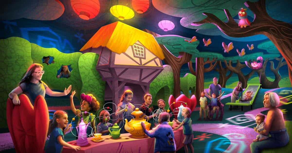 Concept art of Drawn to Wonderland indoor play area showcasing children playing around Mary Blair-styled teacups and the Mad Hatter house