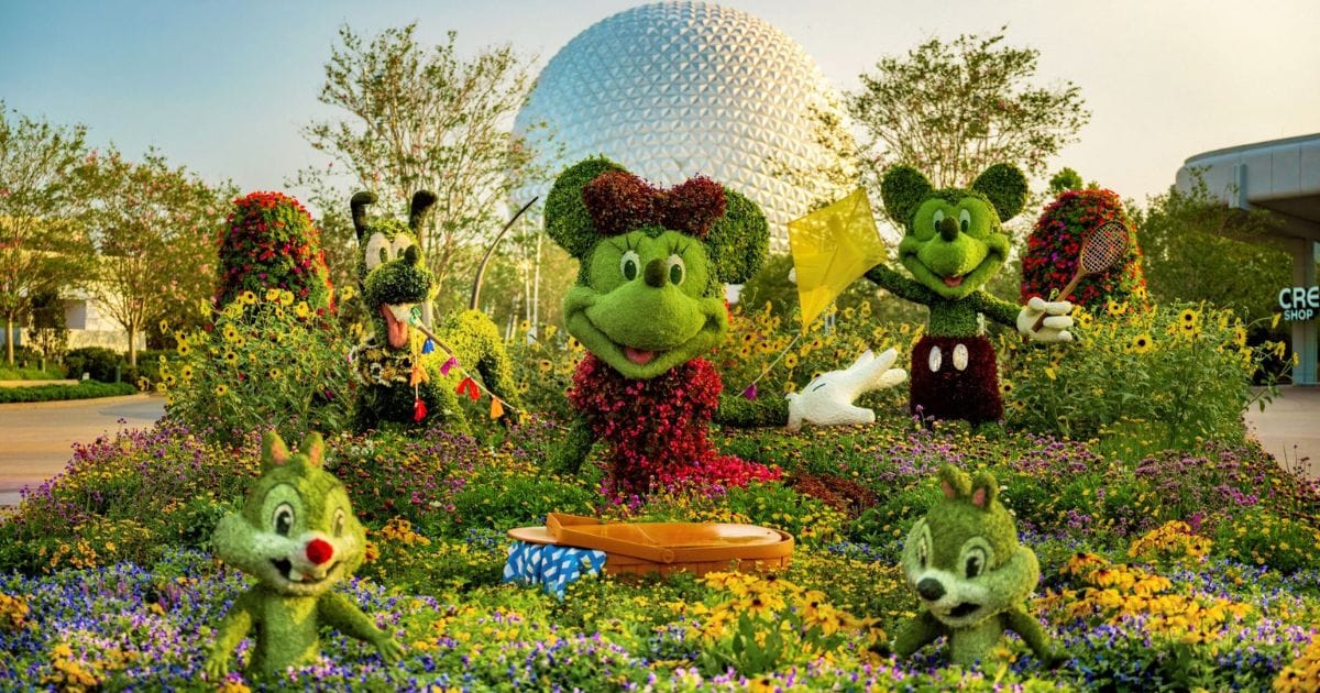 EPCOT International Flower and Garden Festival floral display and signage at the park entrance