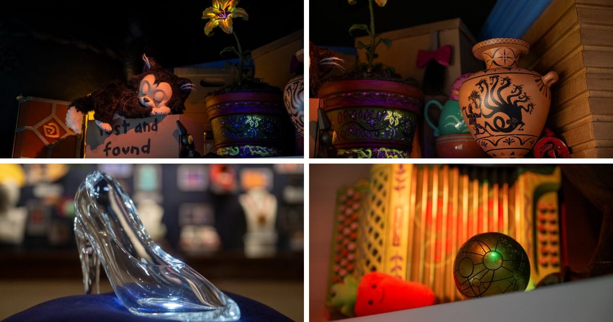 Four-panel collage showing Disney props: Dinah the cat in a lost and found box, Hercules Grecian urn, Cinderella glass slipper, and treasure sphere