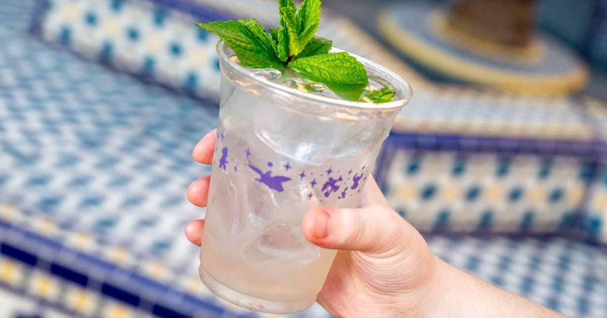Bright and crisp iced lime refreshment garnished with leafy garden mint, served in a themed Disney beverage cup
