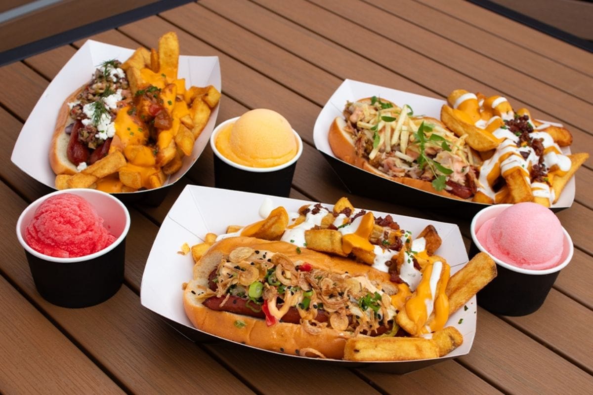 Three gourmet hot dogs from Fat One's Hot Dogs and Italian Ice at Universal CityWalk