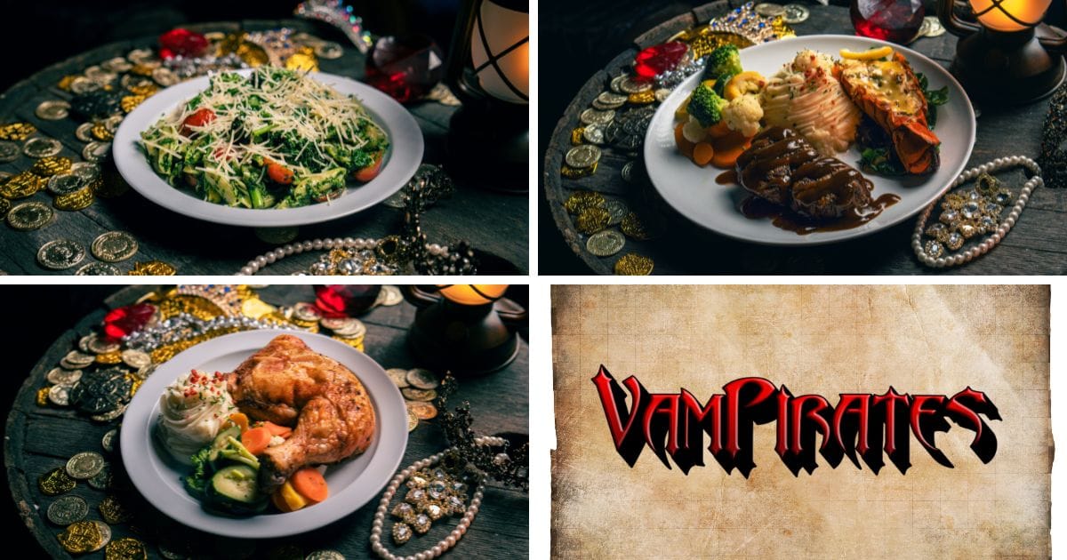 Collage of Vampirates dinner options including pasta salad, steak with lobster tail, a roasted chicken meal, and the Vampirates event logo