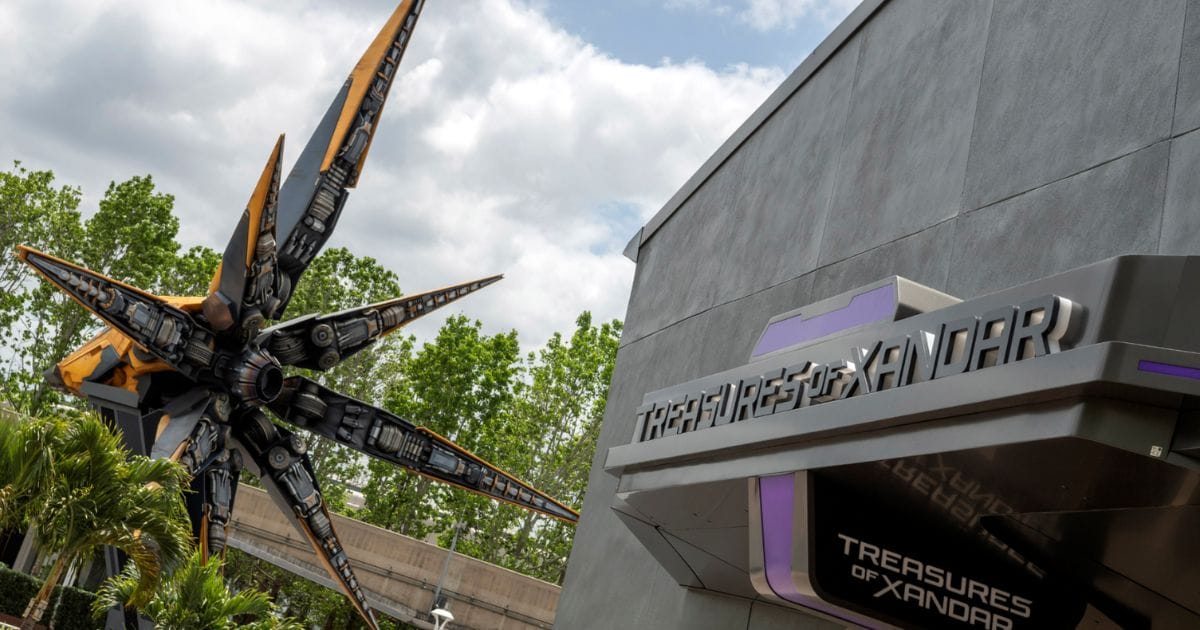 Shelves of Guardians of the Galaxy apparel, accessories, and collectibles inside the Treasures of Xandar gift shop.