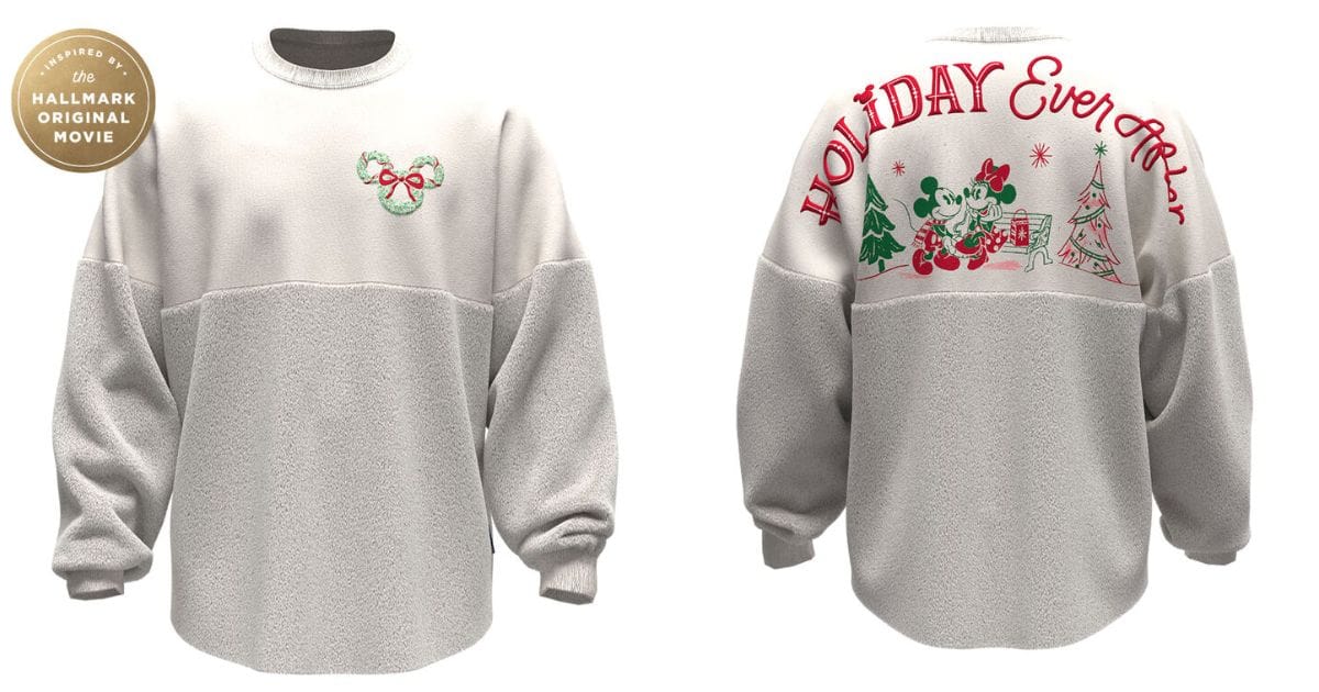 Front and back view of the ivory fleece Hallmark and Disney Holiday Ever After Spirit Jersey featuring Mickey and Minnie Mouse by a Christmas tree