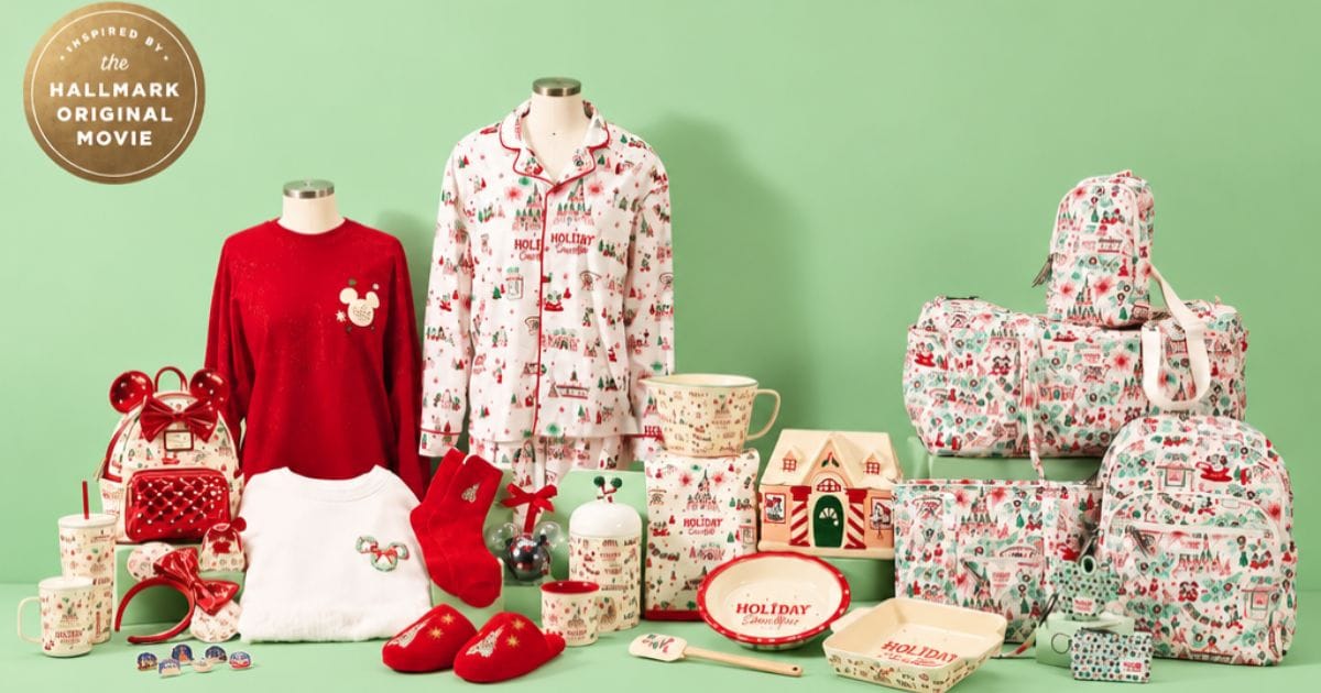 Assorted Hallmark and Disney Holiday Ever After collection items including holiday pajamas mugs backpacks baking dishes and accessories
