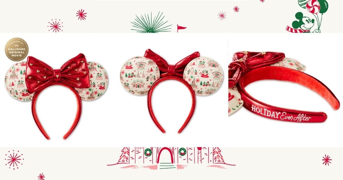 Three angles of the Hallmark x Disney Holiday Ever After Loungefly Minnie Mouse ear headband featuring a metallic red bow and printed park sketches