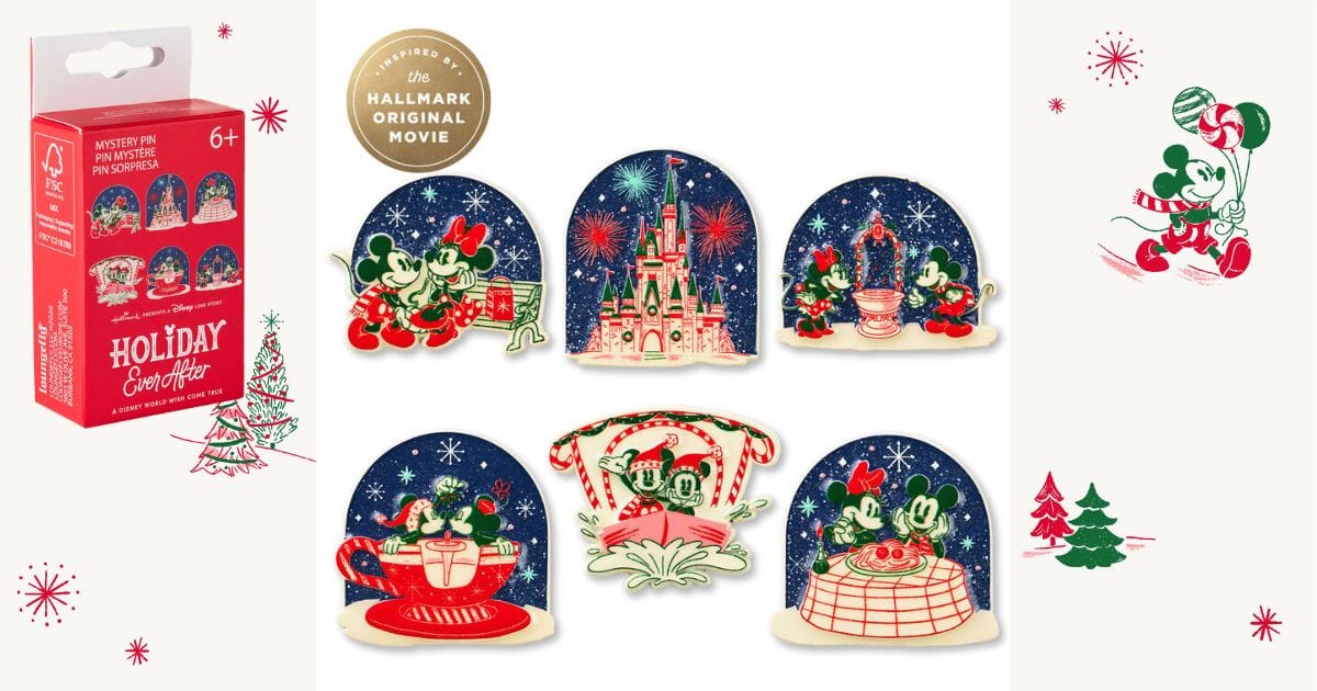 Hallmark x Disney Holiday Ever After Loungefly blind box and 6 enamel mystery pins depicting Mickey and Minnie at Disney World attractions