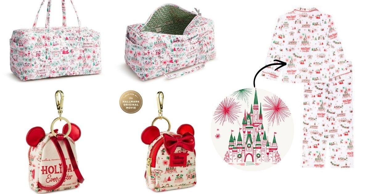 Hallmark x Disney Holiday Ever After collection displaying the quilted Vera Bradley duffle bag a Minnie Mouse Loungefly bag charm and matching holiday pajamas