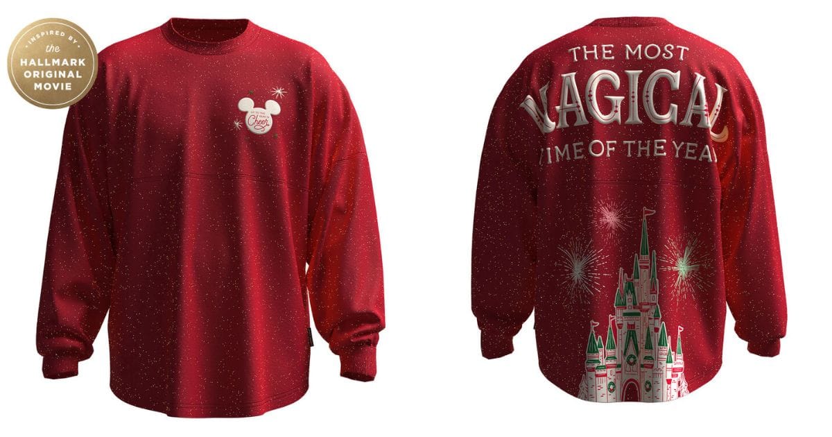 Red glitter Hallmark x Disney Spirit Jersey reading The Most Magical Time of the Year across the back above Cinderella Castle