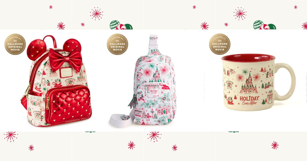 Hallmark and Disney Holiday Ever After collection featuring a quilted red Loungefly Minnie Mouse backpack a Vera Bradley toile sling bag and a holiday mug
