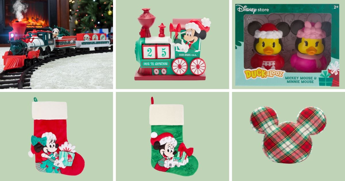 Six-panel grid of Disney Christmas items including a holiday train set, Mickey calendar, DuckalCount bath toys, stockings, and a plaid Mickey pillow.