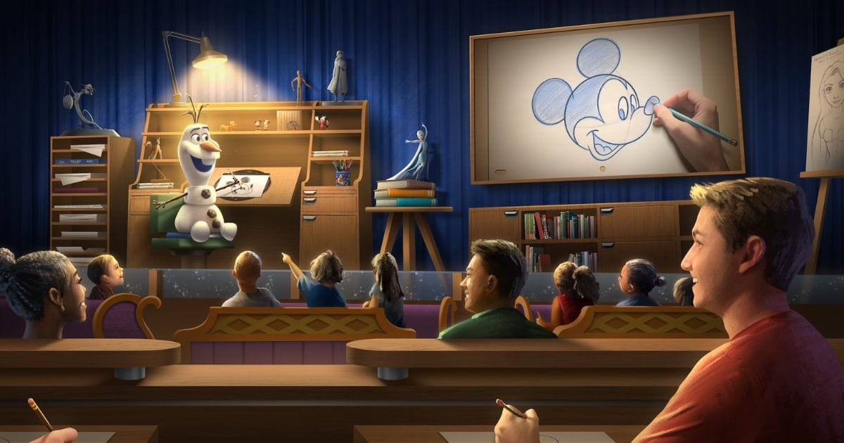 Concept rendering of guests sketching Mickey Mouse while looking at the Olaf Audio-Animatronic figure and video drawing display