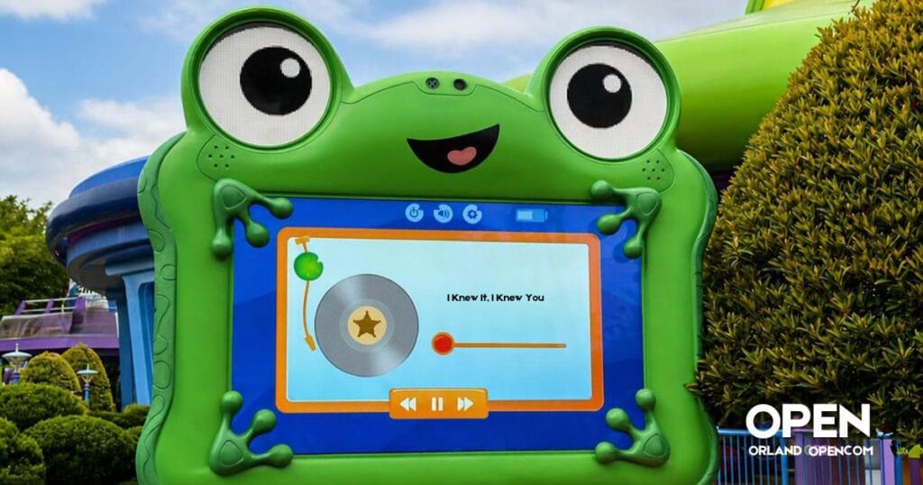 Close-up of Toy Story 5 character Lilypad interactive tablet screen playing I Knew It I Knew You at Disney's Hollywood Studios.