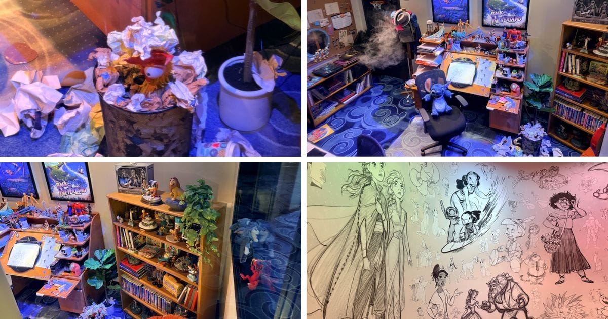 Four-panel collage of an animator's cluttered workspace with Heihei in a trash can, desk toys, reference shelves, and pencil character wall sketches