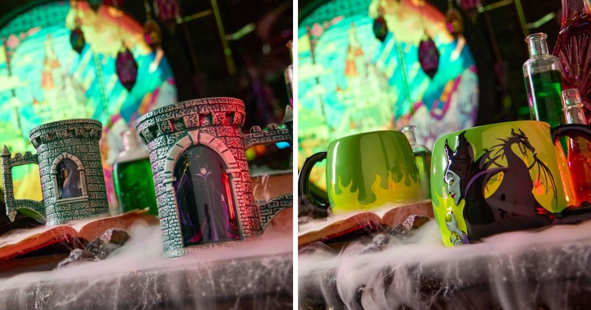 Disney Store Maleficent castle tower mug and Maleficent dragon sculpted mug from Sleeping Beauty