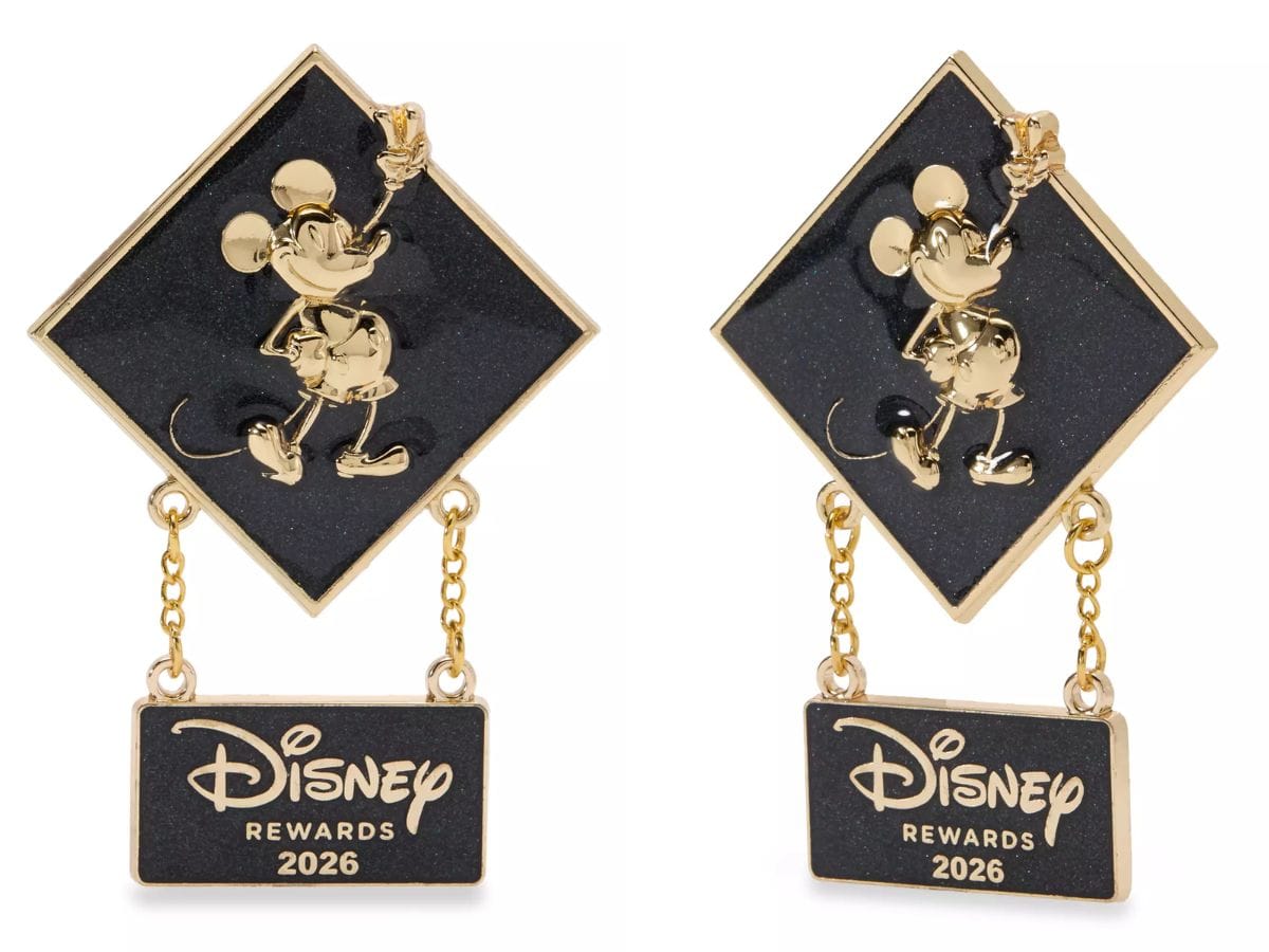Two 2026 Disney Visa Cardmember Exclusive Mickey Mouse dangler pins featuring a gold Mickey on a black diamond background.