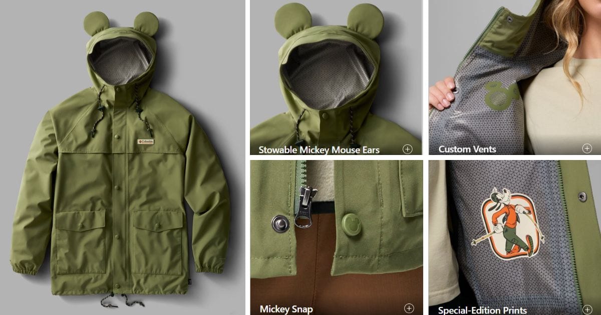Olive green Columbia x Disney Mickey Ibex rain jacket with Mickey Mouse ears on the hood