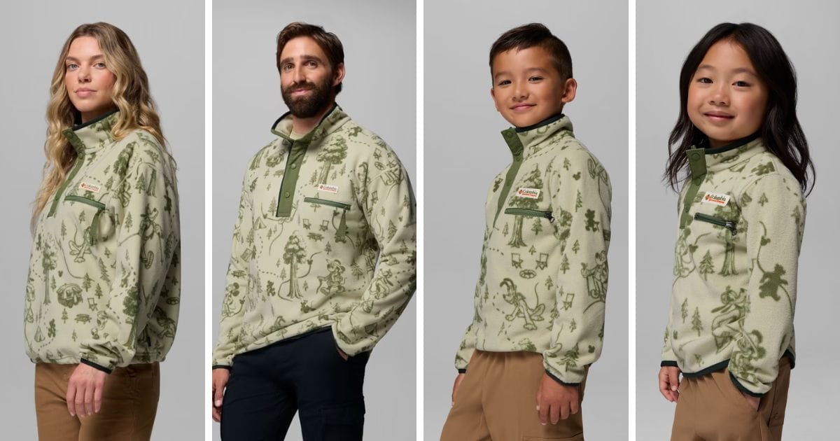 Cream Columbia x Disney half snap fleece pullover with green Mickey and Friends forest camping print
