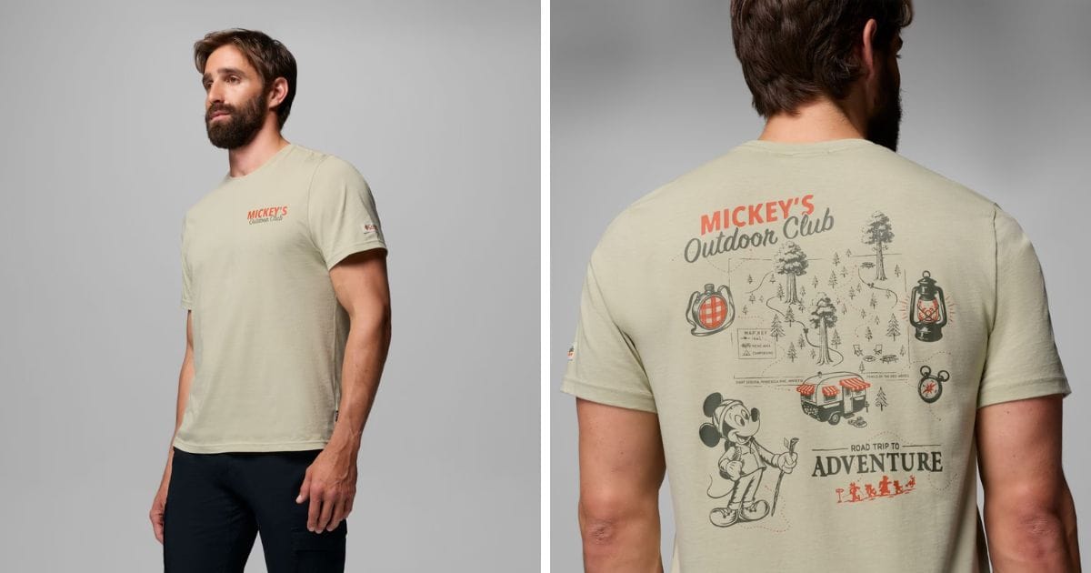 Columbia x Disney Mickey's Outdoor Club graphic t-shirt with a camping map and adventure icons