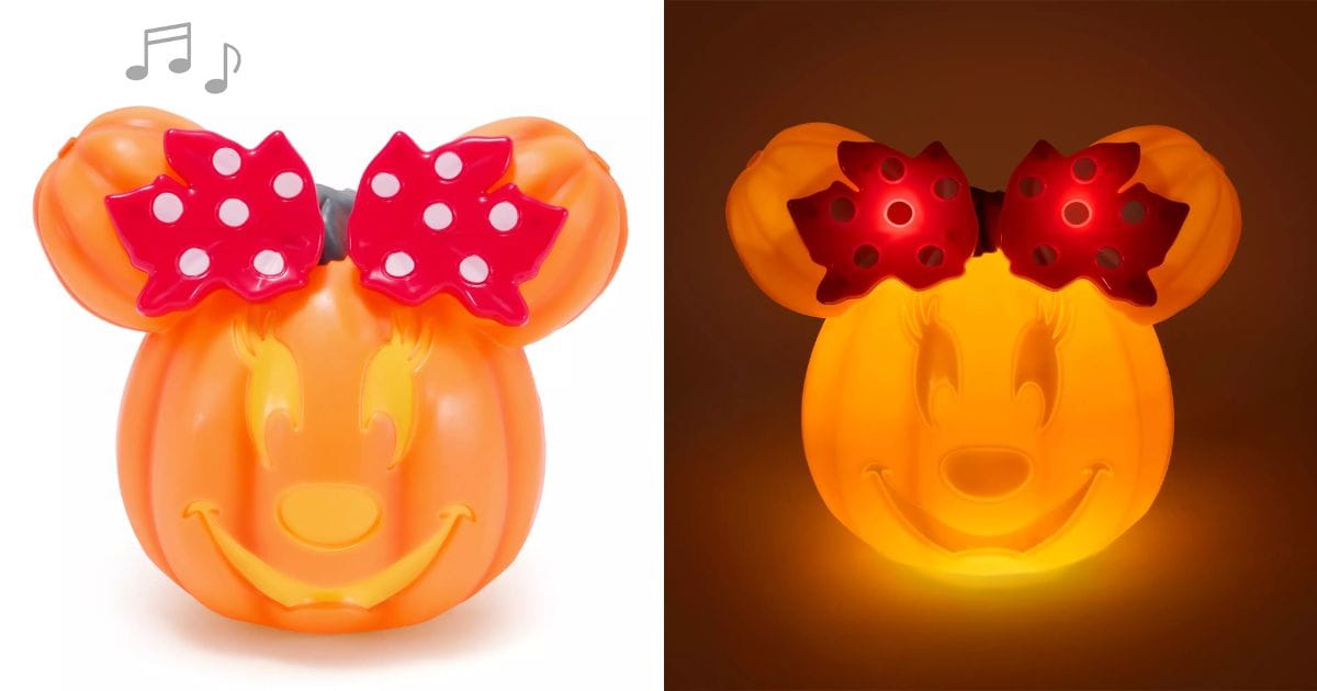 Front view of the 7-inch Minnie Mouse Light-Up and Sound Jack-o-Lantern