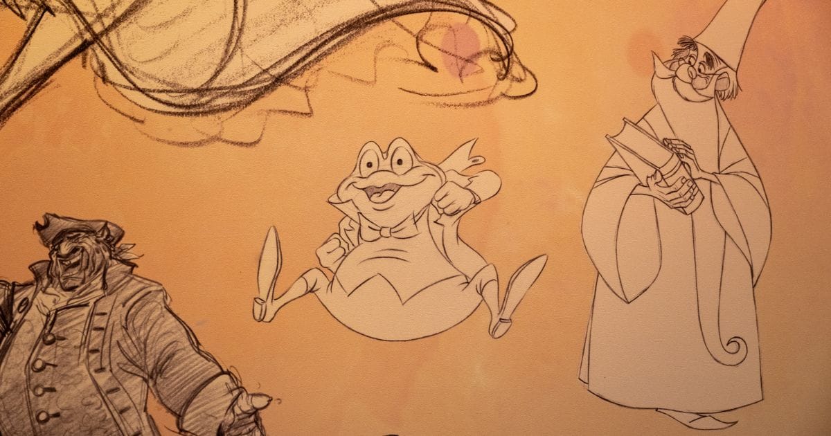 Wall mural sketch featuring Mr. Toad from The Adventures of Ichabod and Mr. Toad, Merlin from The Sword in the Stone, and Captain Hook