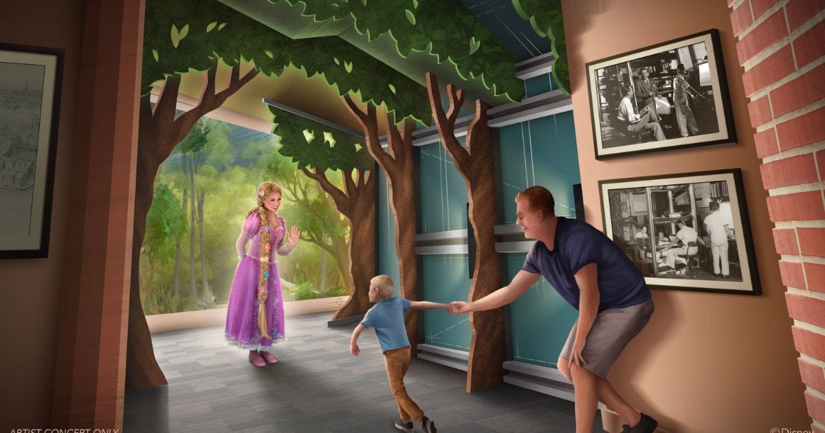 Concept rendering of Rapunzel waving to a family inside the Layout department multiplane camera room at Off the Page